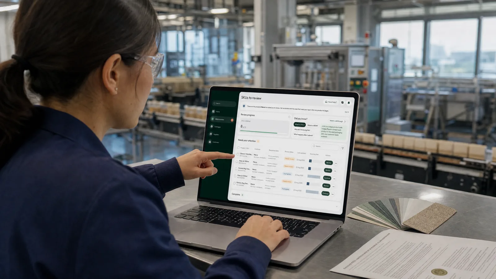 A supplier reviewing the SKUs a customer has asked them to check, in Phantm on the factory floor.